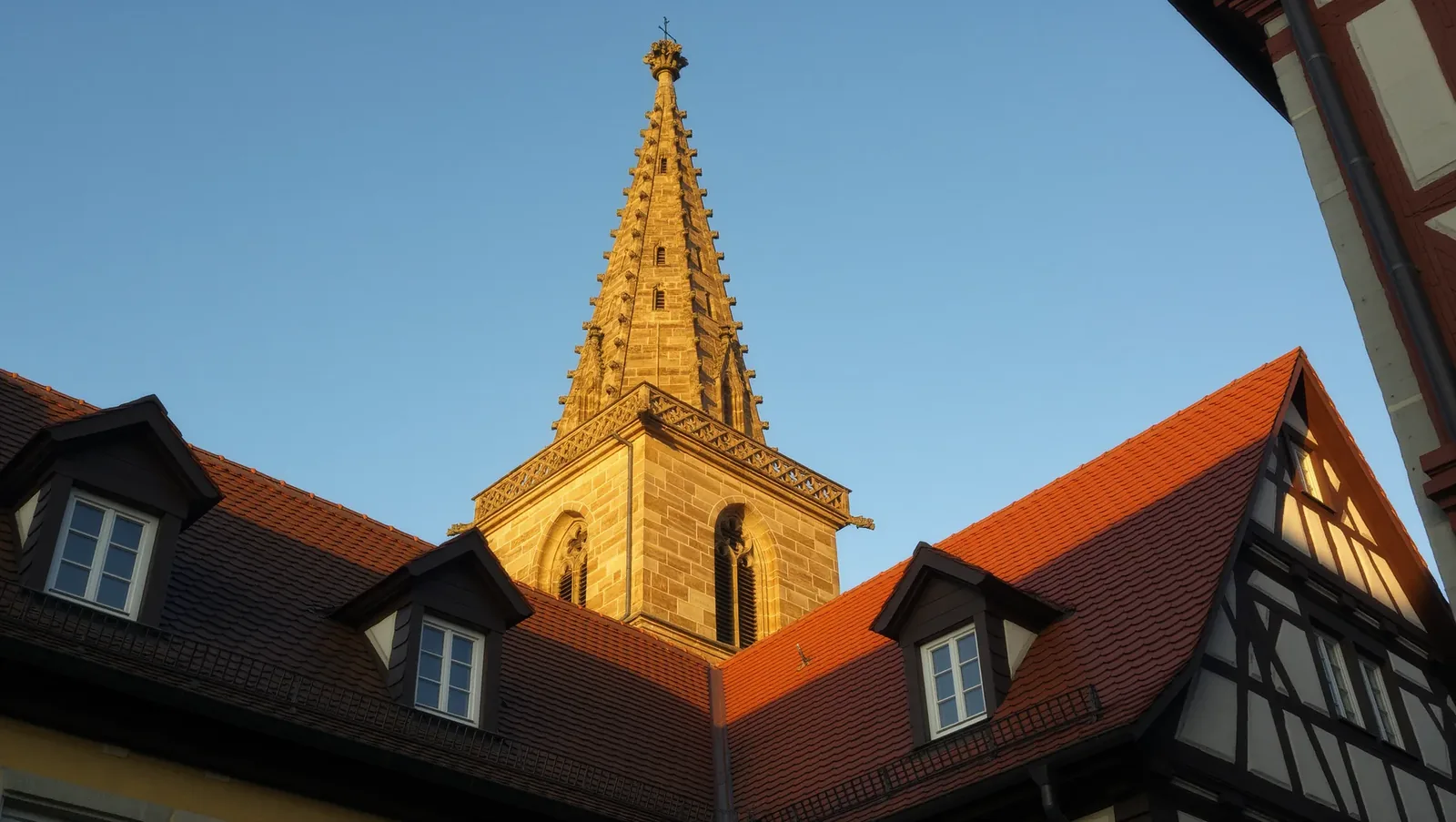 Symbolbild Kirchturm über Ziegeldächern