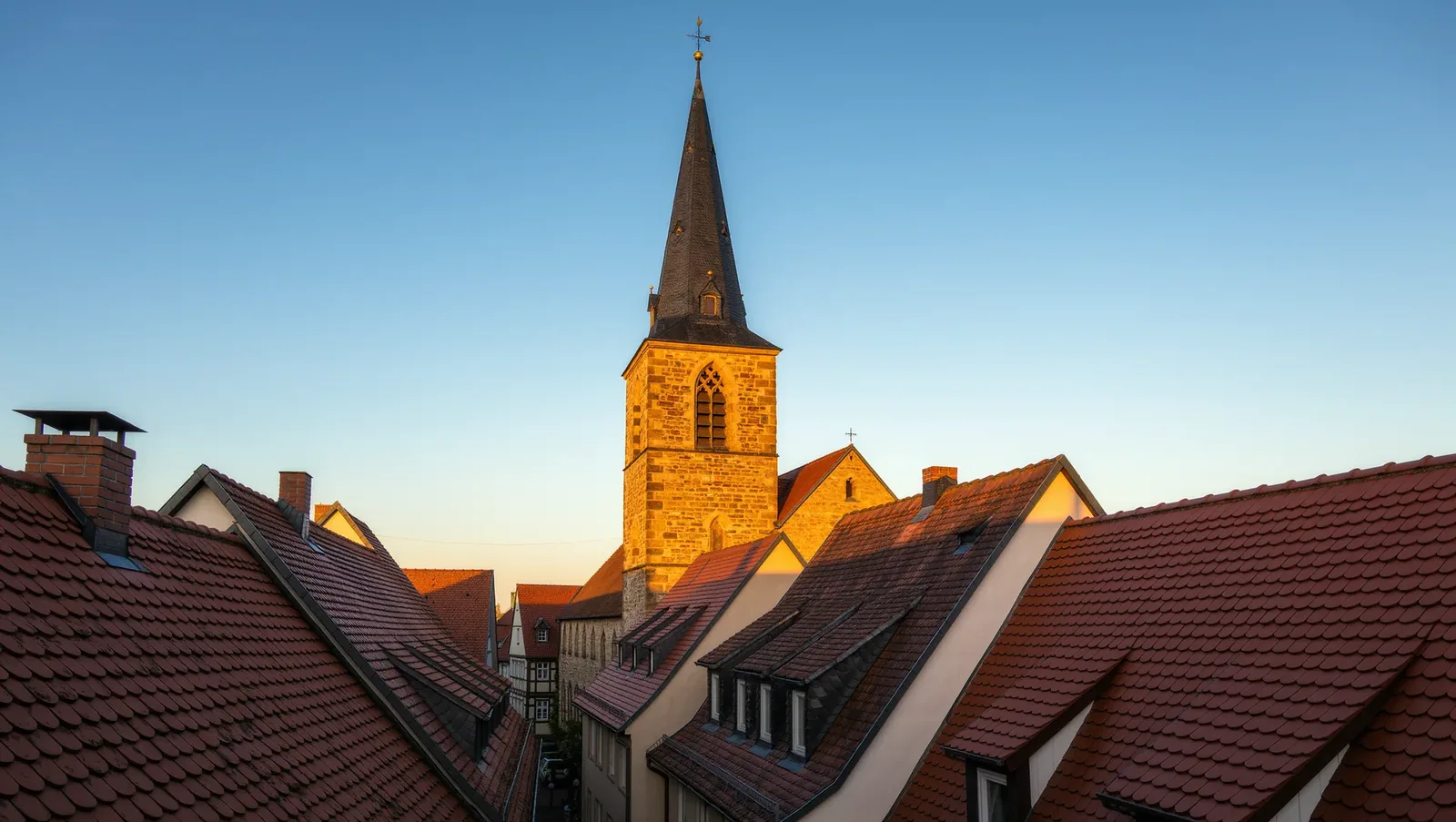 Symbolbild Kirchturm über Ziegeldächern